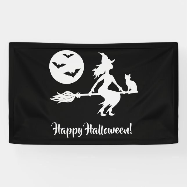 Witch On A Broom Black And White Happy Halloween Banner (Horizontal)