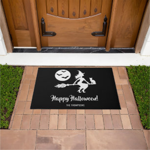 Witch On A Broom Black And White Happy Halloween Doormat