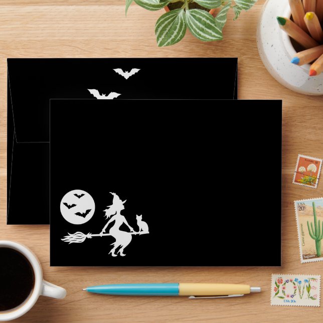 Witch On A Broom Black And White Happy Halloween Envelope (Desk)