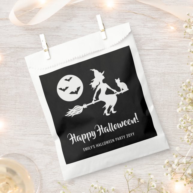Witch On A Broom Black And White Happy Halloween Favour Bag (Clipped)