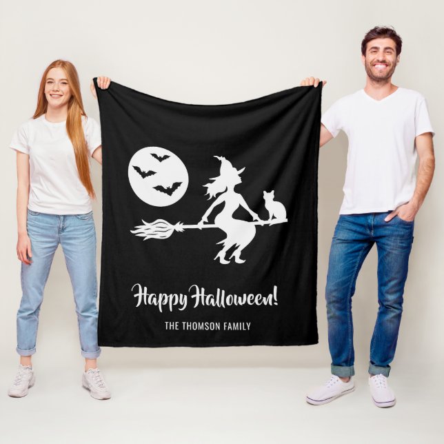 Witch On A Broom Black And White Happy Halloween Fleece Blanket (In Situ)