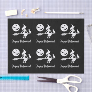 Witch On A Broom Black And White Happy Halloween Tissue Paper
