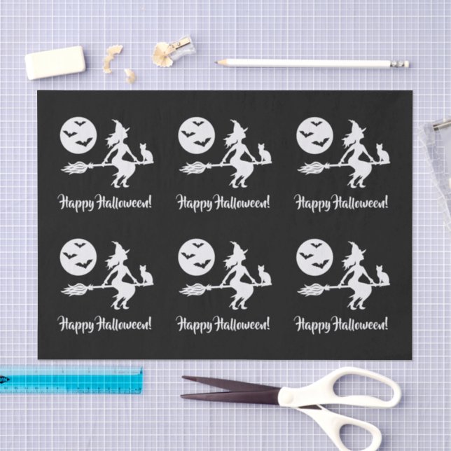 Witch On A Broom Black And White Happy Halloween Tissue Paper (Craft)