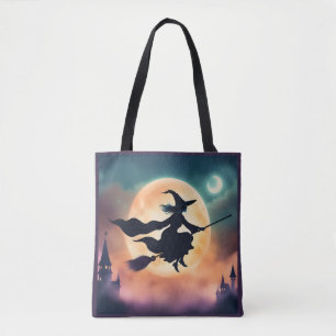Witch on a Broom Halloween Tote Bag