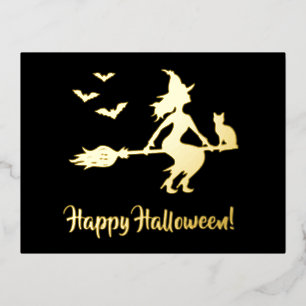 Witch On A Broom Happy Halloween Silhouette Foil Holiday Postcard