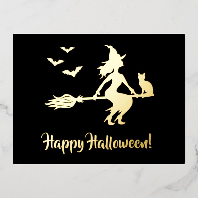 Witch On A Broom Happy Halloween Silhouette Foil Holiday Postcard (Front)