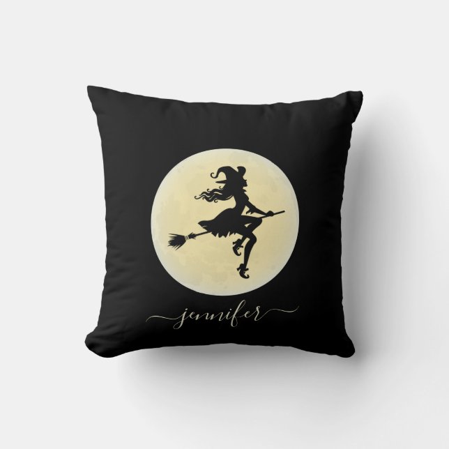Witch on a broom personalized throw pillow (Front)