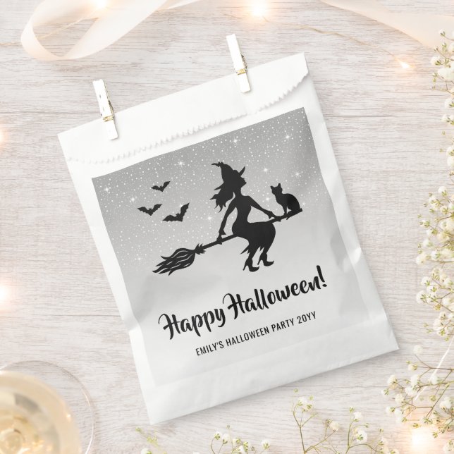 Witch On A Broom Silver Grey And Black Halloween Favour Bag (Clipped)