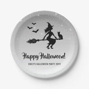Witch On A Broom Silver Grey And Black Halloween Paper Plate