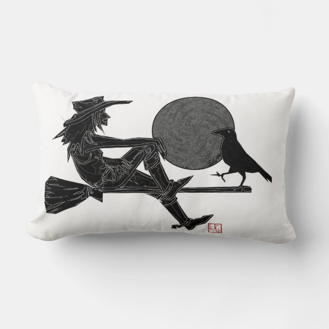 Witch on a broom with a crow under a full moon lumbar pillow (Front)