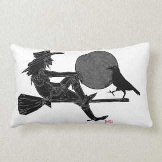 Witch on a broom with a crow under a full moon lumbar pillow
