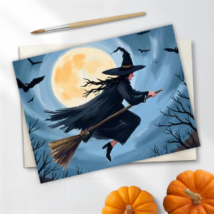 Witch on a Broomstick   Happy Halloween Painted Holiday Postcard