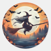 Witch on a Broomstick in the Moonlight with Bats