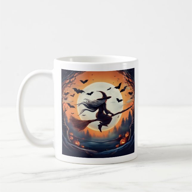 Witch on a Broomstick in the Moonlight with Bats  Coffee Mug (Left)