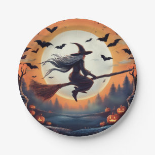  Witch on a Broomstick in the Moonlight with Bats  Paper Plate
