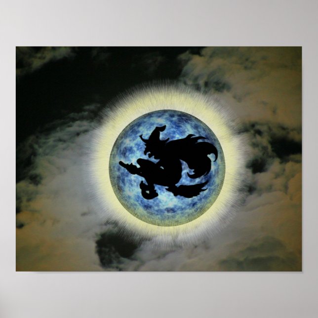 Witch On Broom Blue Full Moon Halloween Poster (Front)