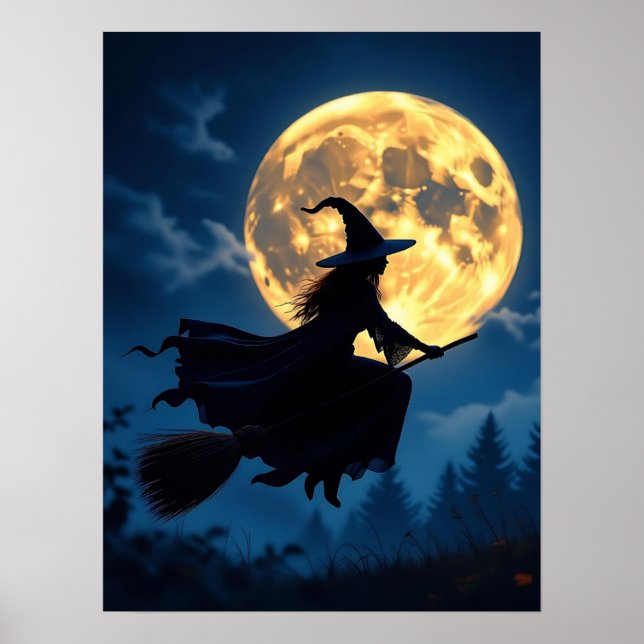 Witch on Broom by Full Moon Halloween Poster (Front)