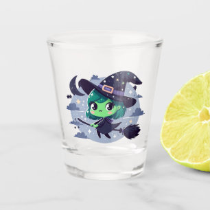 Witch on Broom Halloween Cute Cartoon Moon Bats Shot Glass
