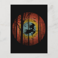 WITCH ON BROOM  IN THE WOODS FOREST