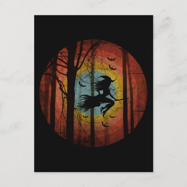 WITCH ON BROOM  IN THE WOODS FOREST POSTCARD (Front)