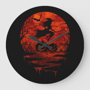 WITCH ON BROOM RED MOON LARGE CLOCK