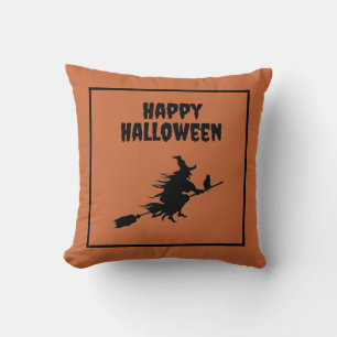 Witch on Broom with Cat Halloween Throw Pillow