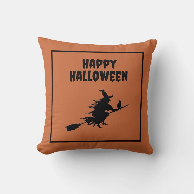 Witch on Broom with Cat Halloween Throw Pillow (Front)