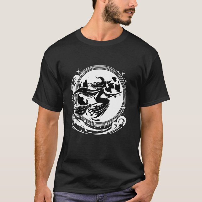 Witch On Broom With Full Moon Funny Design for Hal T-Shirt (Front)
