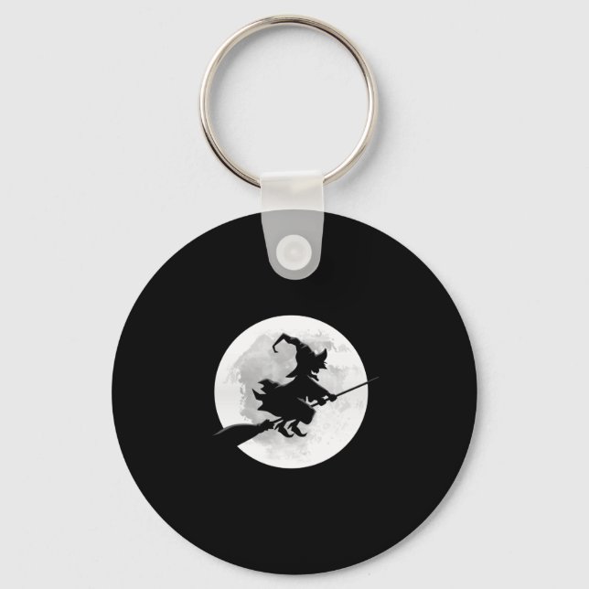 Witch on broom with full moon funny design for keychain (Front)