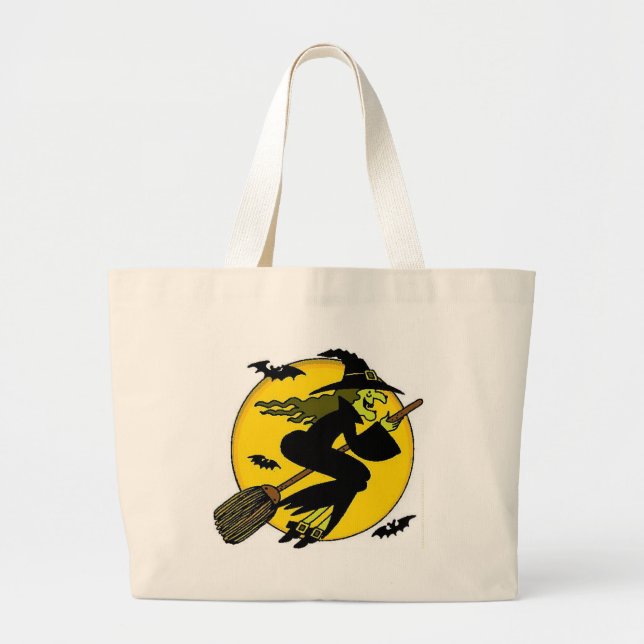 Witch On Broomstick Large Tote Bag (Front)