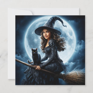 Witch on Broomstick with Black Cat Card
