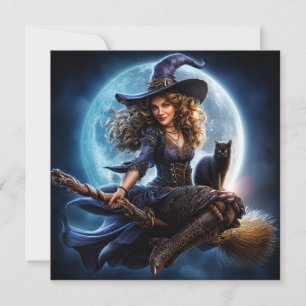 Witch on Broomstick with Black Cat Card