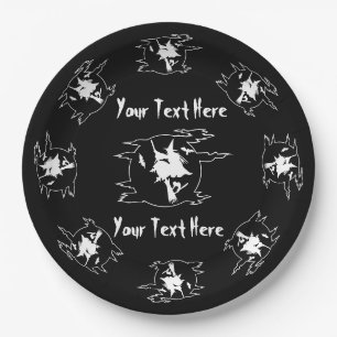 witch on broomstick with cat and bat halloween  paper plate
