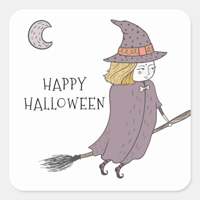 Witch On Flying Broomstick Happy Halloween Square Sticker (Front)