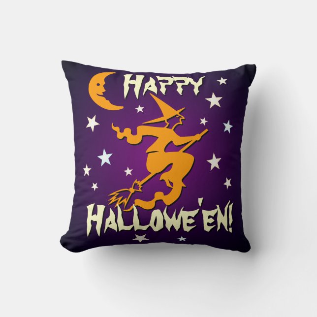 Witch on Front Cat on Back Happy Hallowe'en Purple Throw Pillow (Front)