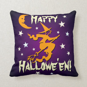 Witch on Front Cat on Back Happy Hallowe'en Purple Throw Pillow