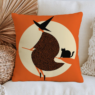 Witch on Her Broom with Her Cat Moon Halloween Throw Pillow