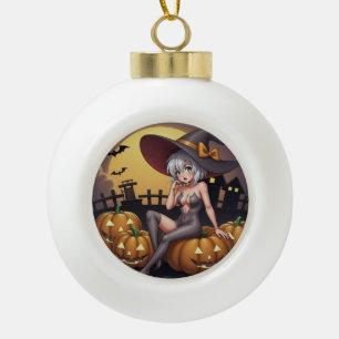 Witch on Jack-O-Lantern Halloween Farm Ceramic Ball Christmas Ornament