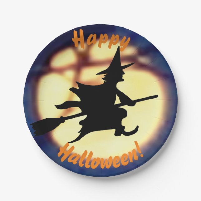 Witch Over Moon Halloween Paper Plates (Front)