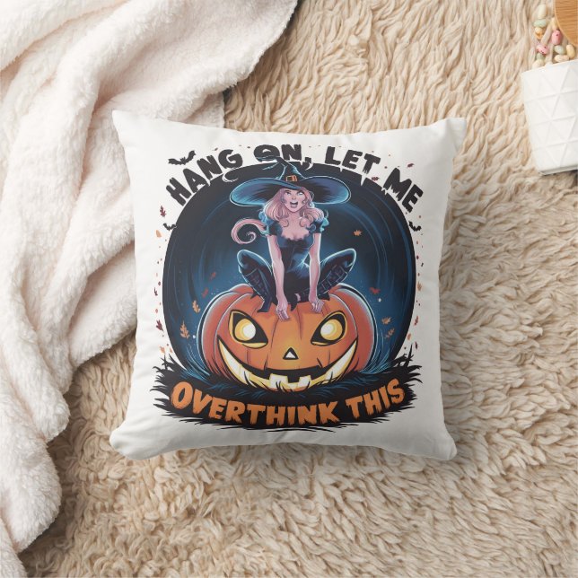 Witch perched on a pumpkin in a night sky throw pillow (Blanket)