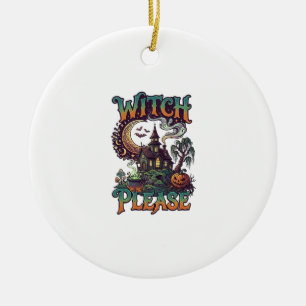 Witch Please Haunted House Crescent Moon Cauldron  Ceramic Ornament