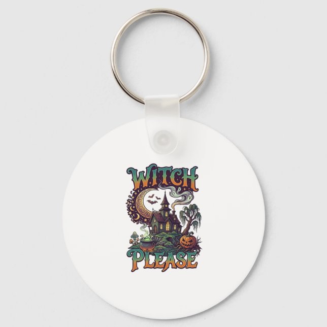 Witch Please Haunted House Crescent Moon Cauldron  Keychain (Front)