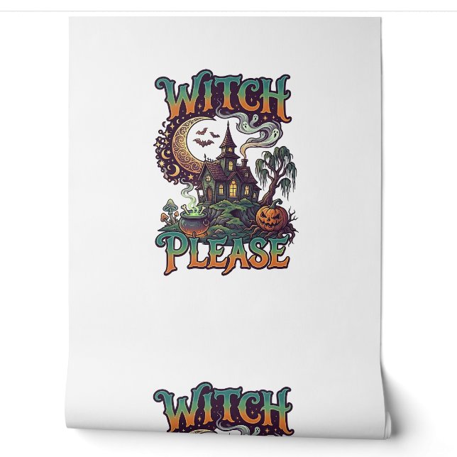 Witch Please Haunted House Crescent Moon Cauldron  Wallpaper (Unrolling)