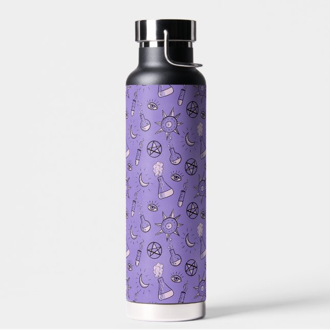 Witch Potions Purple Alchemy Pattern Halloween Water Bottle (Left)