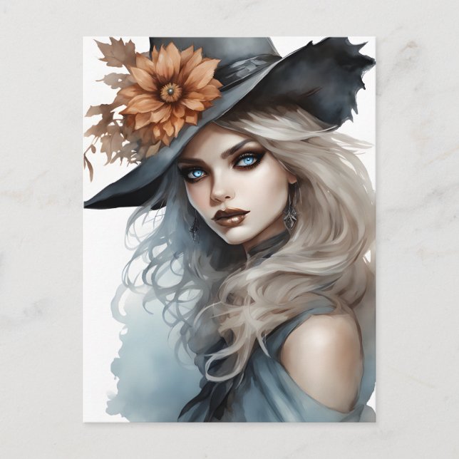 Witch Pretty Girl Brown Flower Magical Postcard (Front)