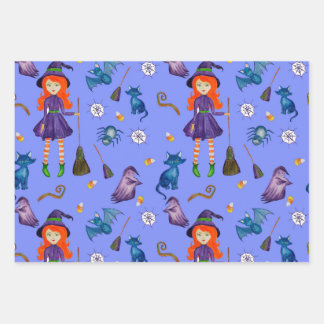 Witch Pumpkin Black Cat Design Perfect Halloween Wrapping Paper Sheet