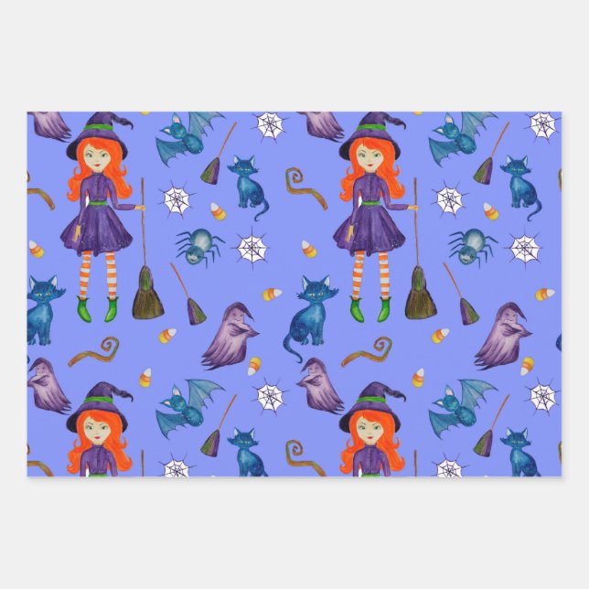 Witch Pumpkin Black Cat Design Perfect Halloween Wrapping Paper Sheet (Front)