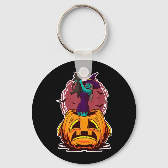 Witch Pumpkin Black Cat Y Spooky Sorcerer Keychain (Front)