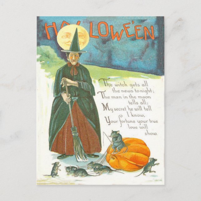 Witch Pumpkin Broom Man In The Moon Mouse Postcard (Front)