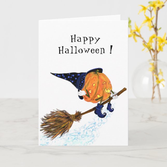 Witch Pumpkin Flying Funny Halloween Card (Yellow Flower)
